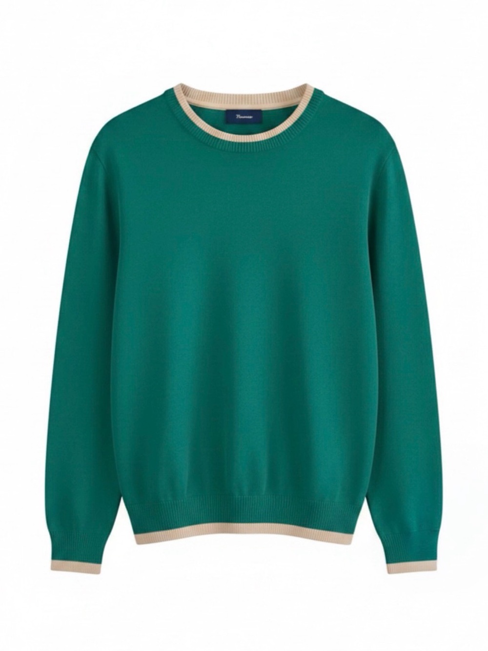 Faconnable Teal Green Crewneck Sweater with Contrast Beige Trim L Cotton